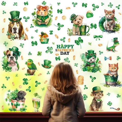 Window Clings St Patrick's Day Static PVC Stickers Double Sided Irish Shamrock Green Hat Cute Animal Decor For Glass