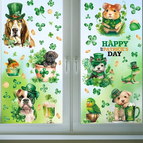 Window Clings St Patrick's Day Static PVC Stickers Double Sided Irish Shamrock Green Hat Cute Animal Decor For Glass