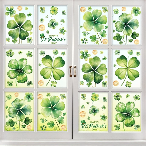St Patrick's Day Window Clings Green Watercolor Shamrock Clover Gold Coins Static PVC Double Sided Glass Sticker