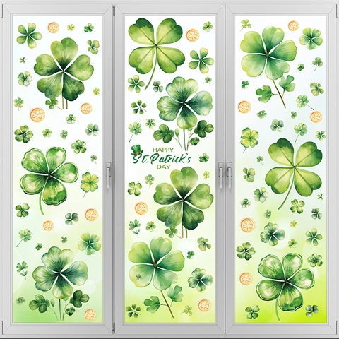 St Patrick's Day Window Clings Green Watercolor Shamrock Clover Gold Coins Static PVC Double Sided Glass Sticker