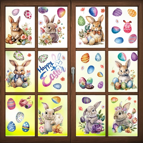 Easter Window Clings Static Stickers Double Sided Rabbit Bunny Eggs Flower PVC Decals For Glass Fridge Decoration Holiday Ornament