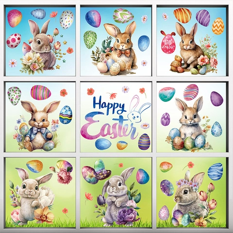 Easter Window Clings Static Stickers Double Sided Rabbit Bunny Eggs Flower PVC Decals For Glass Fridge Decoration Holiday Ornament