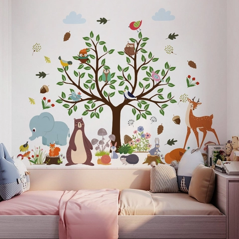 Stickers Muraux Animaux De La Forêt PVC Imperméable Dessin Animé Arbre Éléphant Ours Cerf Pour Chambre D'Enfant Décor Amovible DIY