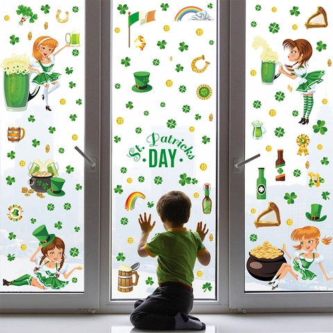 St. Patricks Day Fensterbilder Doppelseitige Statische Aufkleber Irischer Klee Goldmünze Bierkrug Kleeblatt Glasdekor