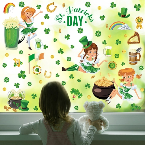 St. Patricks Day Fensterbilder Doppelseitige Statische Aufkleber Irischer Klee Goldmünze Bierkrug Kleeblatt Glasdekor