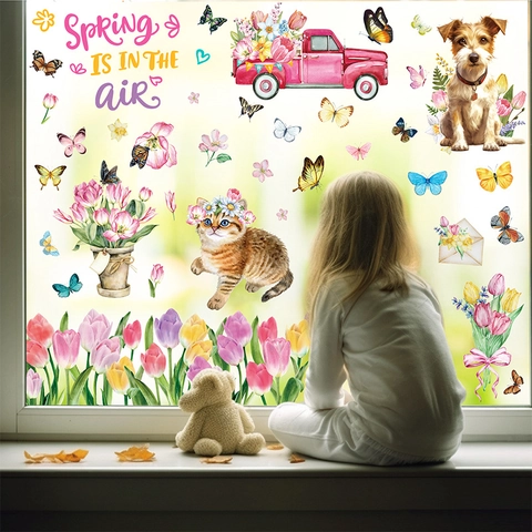 Spring Window Clings Static PVC Double Sided Watercolor Tulips Butterfly Cat Dog Truck Decals Home Glass Decoration