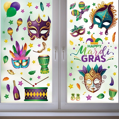 Mardi Gras Window Clings Static Stickers Party Decorations Mask Feather Double Sided PVC Festive Home Ornament