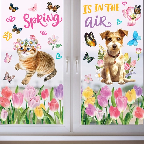 Spring Window Clings Static PVC Double Sided Watercolor Tulips Butterfly Cat Dog Truck Decals Home Glass Decoration
