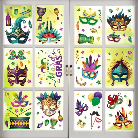 Mardi Gras Window Clings Static Stickers Party Decorations Mask Feather Double Sided PVC Festive Home Ornament