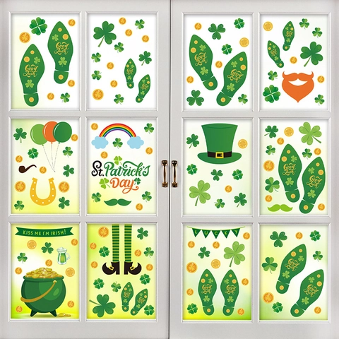 St Patricks Day Window Clings PVC Static Stickers Double Sided Shamrock Clover Leprechaun Gold Coins Party Decorations Home Ornament