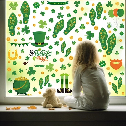 St Patricks Day Window Clings PVC Static Stickers Double Sided Shamrock Clover Leprechaun Gold Coins Party Decorations Home Ornament