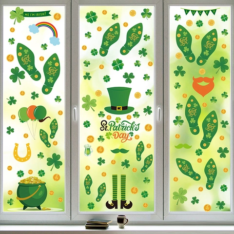St Patricks Day Window Stickers Shamrock Clover Lucky Footprints Pot Of Gold Rainbow Irish Festive Party Wall Decals Waterproof PVC