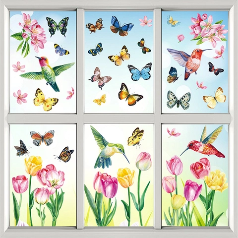 Spring Hummingbird Butterfly Flower Window Clings Double Sided Static PVC Glass Decals Waterproof Removable Home Decoration Floral