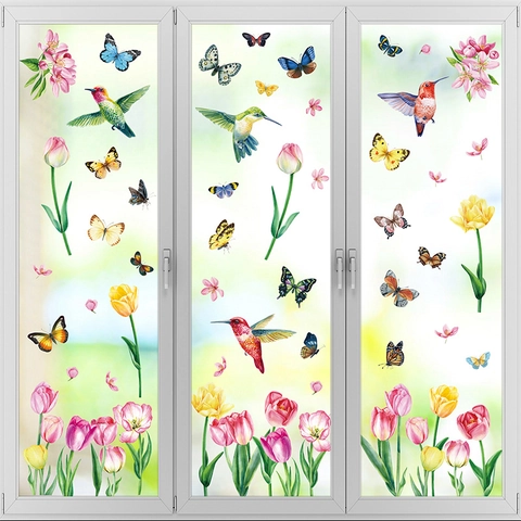 Spring Hummingbird Butterfly Flower Window Clings Double Sided Static PVC Glass Decals Waterproof Removable Home Decoration Floral