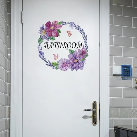 Badezimmer Türaufkleber PVC Wasserdicht Selbstklebend Lila Blumenkranz Schmetterling Lavendel Toilette Dekoration