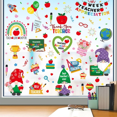 Teacher Appreciation Week Window Clings Static PVC Stickers Gnomes Apple Heart Rainbow Classroom Glass Decoration