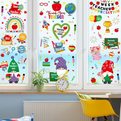 Teacher Appreciation Week Window Clings Static PVC Stickers Gnomes Apple Heart Rainbow Classroom Glass Decoration