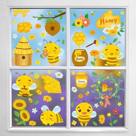 Adesivi Statici Per Finestre Ape Girasole Miele Cartone Animato PVC Doppia Faccia Rimovibile Decorazione Finestra Vetro