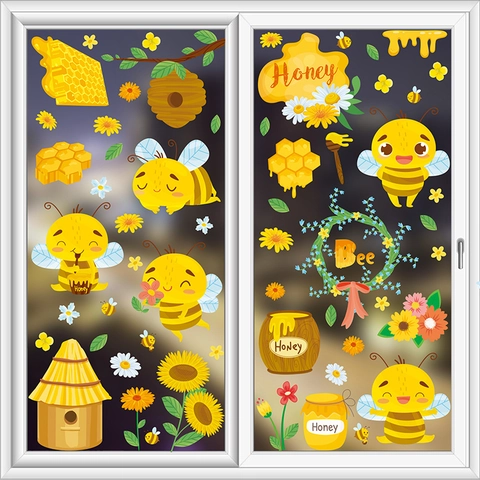 Adesivi Statici Per Finestre Ape Girasole Miele Cartone Animato PVC Doppia Faccia Rimovibile Decorazione Finestra Vetro