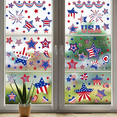Independence Day Window Clings PVC Static Stickers Double Sided Gnomes Fireworks Stars Patriotic Home Decoration