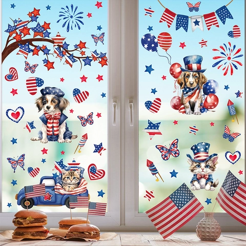 Independence Day Window Clings Patriotic USA Flag Static Stickers For Glass Decor Gnome Cartoon Cat Dog Fireworks