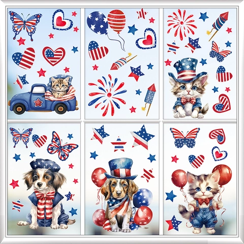 Independence Day Window Clings Patriotic USA Flag Static Stickers For Glass Decor Gnome Cartoon Cat Dog Fireworks