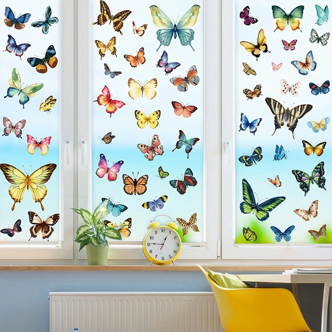 Vinilos De Mariposa Para Ventanas Pegatinas Estáticas Doble Cara Impermeable PVC Colorido Decoración De Primavera Vidrio