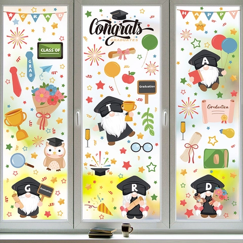 Graduation Window Clings Static PVC Double Sided Gnome Owl Balloon Decor Party Supplies Congrats Graduates