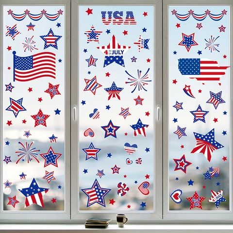 Independence Day Window Clings PVC Static Stickers Double Sided Gnomes Fireworks Stars Patriotic Home Decoration