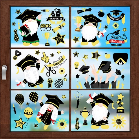 Graduation Window Clings Static PVC Double Sided Cartoon Gnome Stickers For School Party Decoration Black And Gold