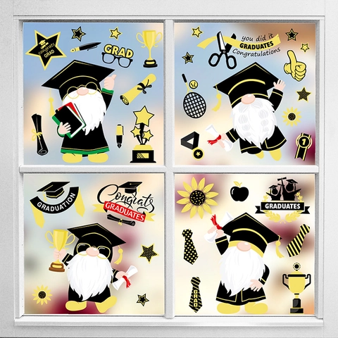 Graduation Window Clings Static PVC Double Sided Cartoon Gnome Stickers For School Party Decoration Black And Gold