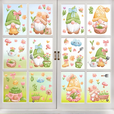 Spring Garden Gnome Window Clings Static PVC Flower Butterfly Decals Double Sided Glass Sticker Home Decor
