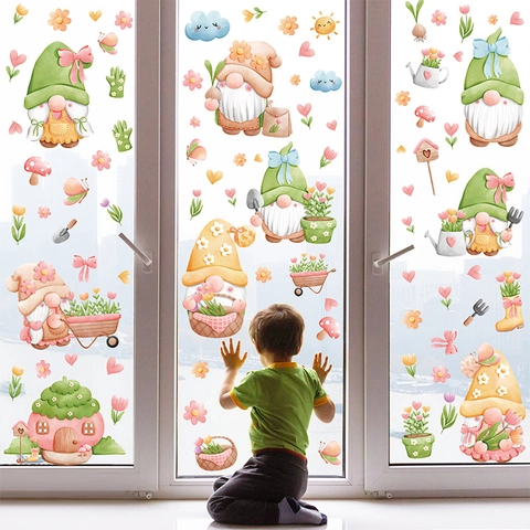 Spring Garden Gnome Window Clings Static PVC Flower Butterfly Decals Double Sided Glass Sticker Home Decor