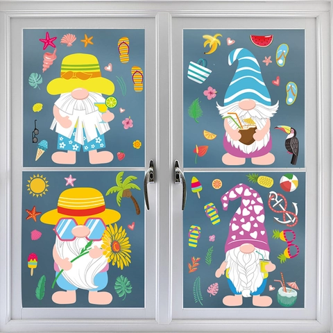 Summer Window Clings Static PVC Double Sided Cartoon Gnomes Ocean Lemon Beach Glass Decoration Waterproof Home Decor