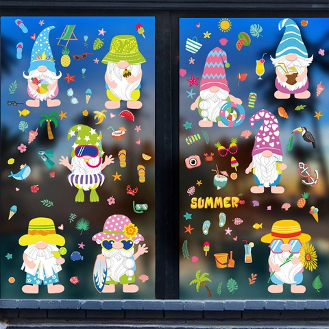 Summer Window Clings Static PVC Double Sided Cartoon Gnomes Ocean Lemon Beach Glass Decoration Waterproof Home Decor