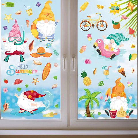Pegatinas Ventana Gnomo Verano PVC Estática Doble Cara Tema Playa Tropical Piña Palmera Decoración Para Cristales