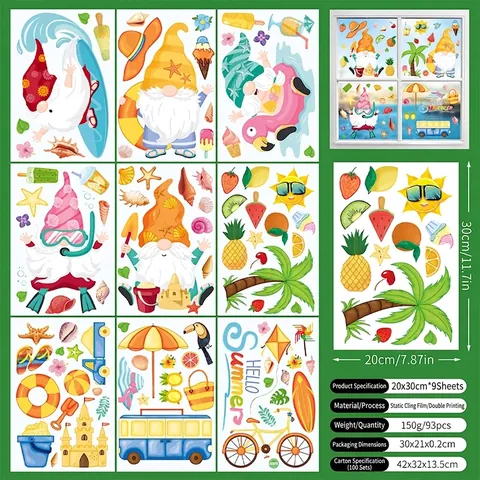 Pegatinas Ventana Gnomo Verano PVC Estática Doble Cara Tema Playa Tropical Piña Palmera Decoración Para Cristales