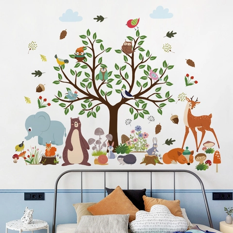 Stickers Muraux Animaux De La Forêt PVC Imperméable Dessin Animé Arbre Éléphant Ours Cerf Pour Chambre D'Enfant Décor Amovible DIY