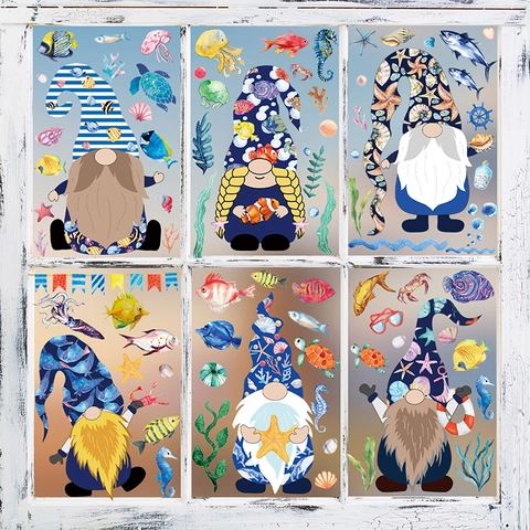 Adhesivos para Ventanas Gnomo Tema Océano Vida Marina Pegatinas Estáticas PVC Impresión Doble Cara Adornos Acuarela Verano