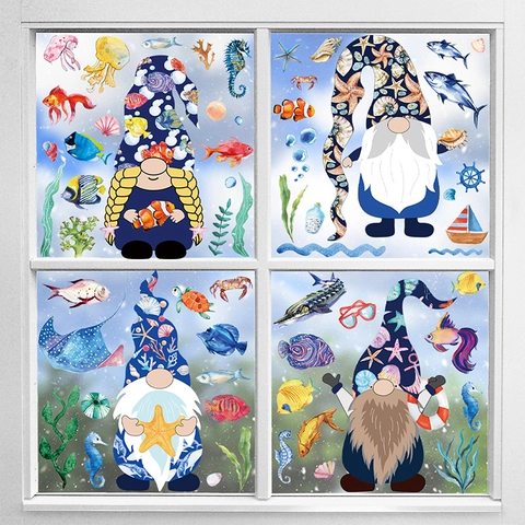 Adhesivos para Ventanas Gnomo Tema Océano Vida Marina Pegatinas Estáticas PVC Impresión Doble Cara Adornos Acuarela Verano