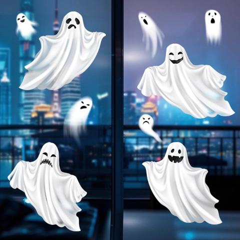 Adesivi per Finestre con Fantasmi di Halloween in PVC Elettrostatico Bianco Decalcomanie Fantasma per Vetro Festa