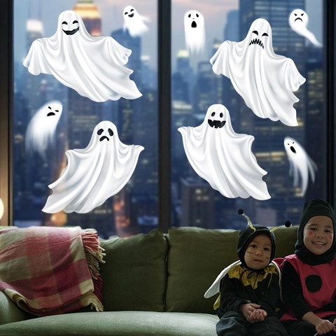 Adesivi per Finestre con Fantasmi di Halloween in PVC Elettrostatico Bianco Decalcomanie Fantasma per Vetro Festa
