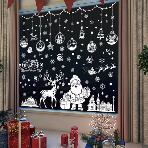 Weihnachtsfensteraufkleber Weiß Statische Haftung Weihnachtsmann Rentier Schneeflocke Doppelseitig Dekoration Für Geschäft Haus Urlaub