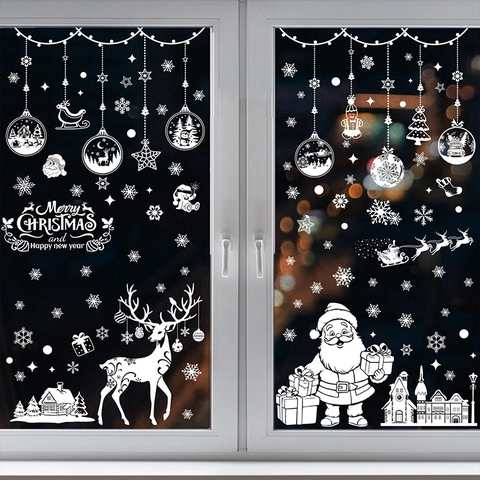 Weihnachtsfensteraufkleber Weiß Statische Haftung Weihnachtsmann Rentier Schneeflocke Doppelseitig Dekoration Für Geschäft Haus Urlaub