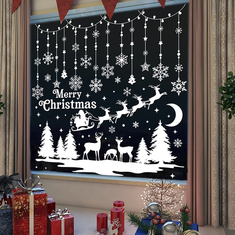 Christmas Window Clings White Snowflake Reindeer Santa Sleigh Static Stickers PVC Glass Holiday Home Decor