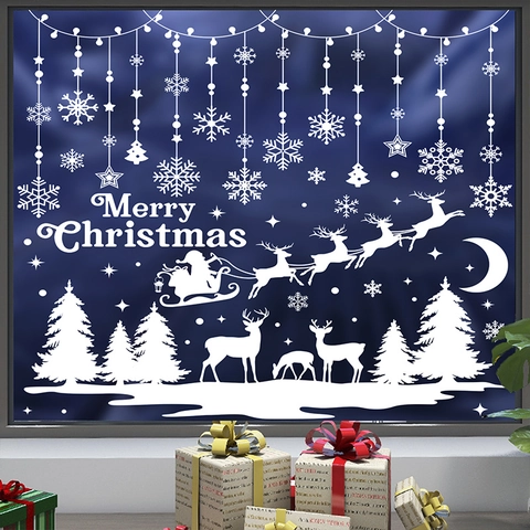 Christmas Window Clings White Snowflake Reindeer Santa Sleigh Static Stickers PVC Glass Holiday Home Decor
