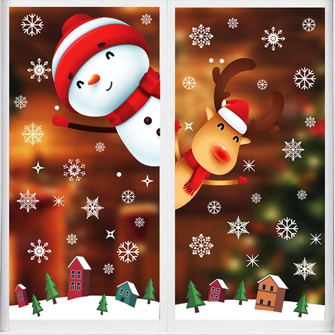 Adesivi Per Finestre Natale Statici PVC Pupazzo Di Neve Renna Fiocco Di Neve Casa Decorazioni Per Casa Doppia Faccia