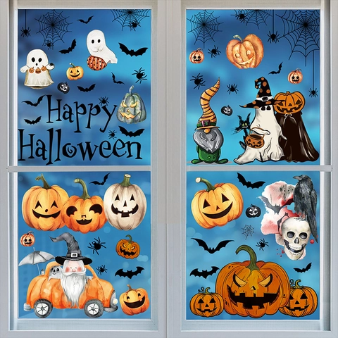 Halloween Window Clings Static PVC Double Sided Pumpkin Ghost Bat Spider Party Decoration Decals For Glass