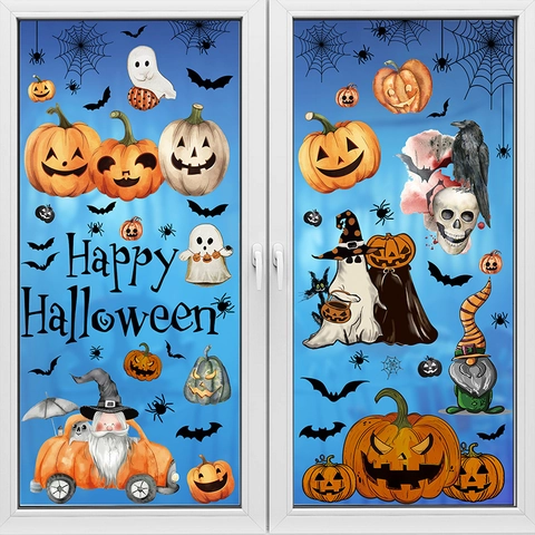 Halloween Window Clings Static PVC Double Sided Pumpkin Ghost Bat Spider Party Decoration Decals For Glass