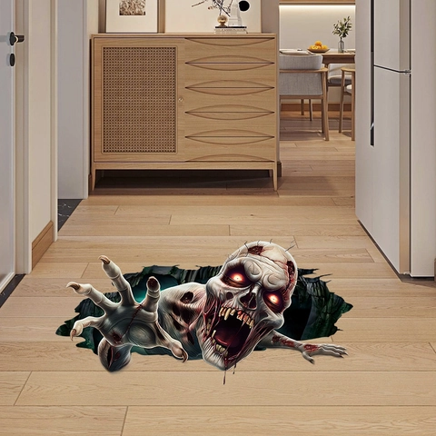 3D Halloween Wall Floor Sticker PVC Waterproof Removable Stereoscopic Creepy Zombie Ghost Crawling Out Of Hole Decor